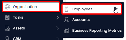 A screenshot of the user navigating the the &quot;Employees&quot; table via the &quot;Organisation&quot; folder in the Sidebar. The screenshot is annotated with two red boxes to indicate where the user would need to click in order to navigate to this table.